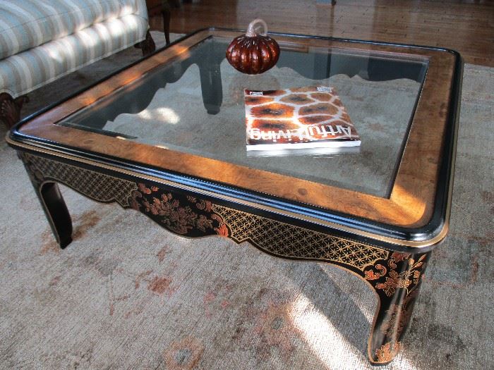 Vintage Drexel Heritage Et Cetera Collection burl wood with glass top Chinoiserie painted coffee table