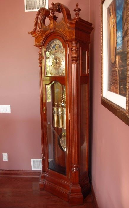 Sligh Grandfather Clock, weight driven.  Moon phase, exceptional!  Note the extraordinary detailing in the case along with the weights and pendulum,    Size  84 H, 15D, 33 W