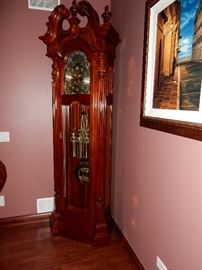 Sligh Grandfather Clock, weight driven.  Moon phase, exceptional!  Note the extraordinary detailing in the case along with the weights and pendulum,   Size  84 H, 15D, 33 W