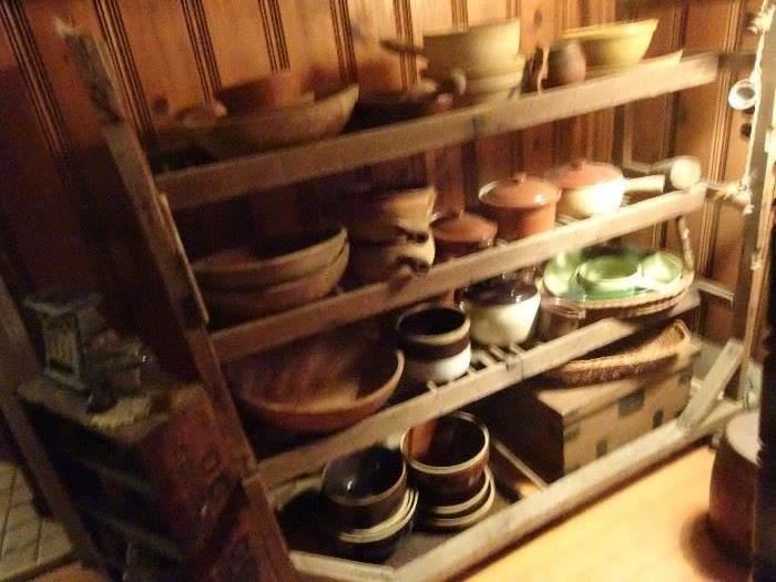 Primitive Bowls & Crocks on Old Shoe Factory Display