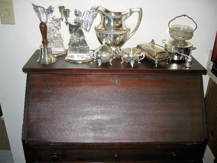 slant top ladies desk with silver plate items
