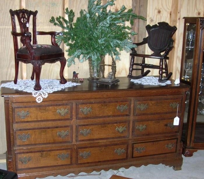 Spectacular blanket chest opens from both the top AND the front, with storage drawers. 2 Salesman's sample antique chairs.