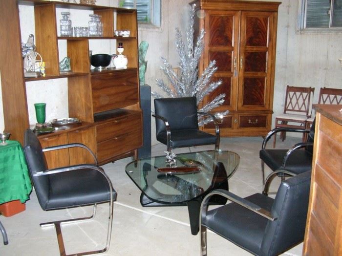 BRNO stainless steel chairs, replica Noguchi coffee table, mid-century modern teak , wall unit, vintage aluminum Christmas tree (with box and sleeves)