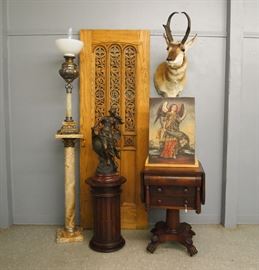 Carved Oak Door, Marble Pedestal, Sewing Stand