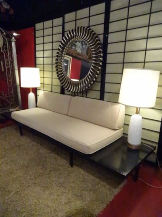 1960's MID CENTURY MODERN SOFA, BUILT IN END TABLES, BLACK ENAMEL FINISH, VERY GOOD CONDITION