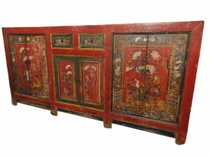 ANTIQUE MONGOLIAN CHEST, RED WITH FLORALS, 2 DRAWERS, 3 CABINETS