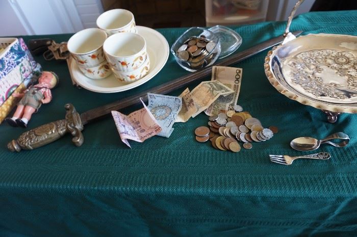 Foreign currency, Autumn leaf-incredibly nice condition, wind up doll, sword, Pairpoint handled server-sterling children's flatware