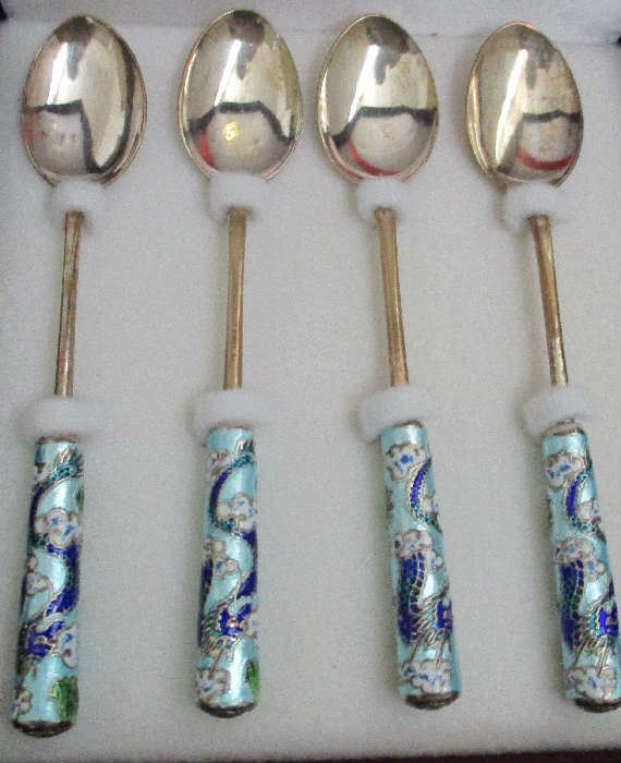 Silver and enamel in original box (not shown).  The box indicates the spoons were a gift from the mayor of Seoul, Korea.