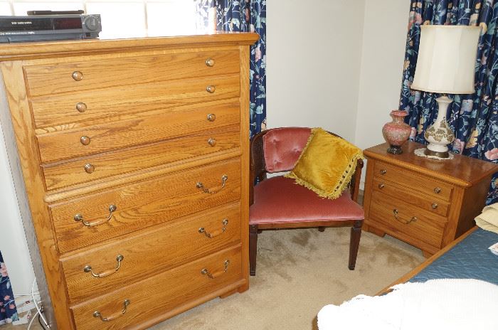 Sole bed side table, large chest of drawers, sweet little pink chair