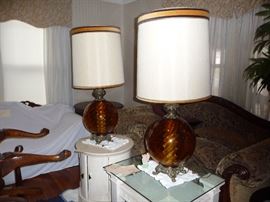 Pair of Hollywood Regency Amber Glass Mid Century Lamps with original shades