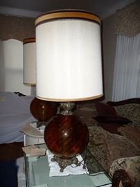 Pair of Hollywood Regency Amber Glass Mid Century Lamps with original shades