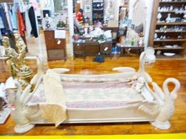 Custom designed in Maine Divan with carved swans on each corner