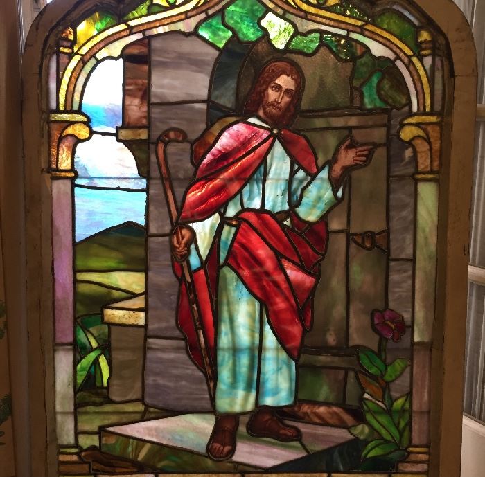 Wonderful antique very fine stained glass window depicting Christ