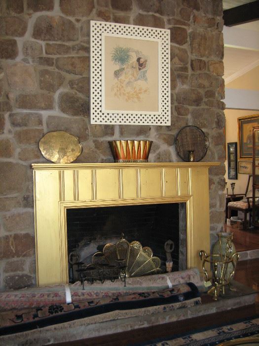 Fun midcentury style art, large gold painted mantle 