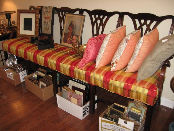 Beautiful chippendale style  bench, decorative picture frames , throw pillows 