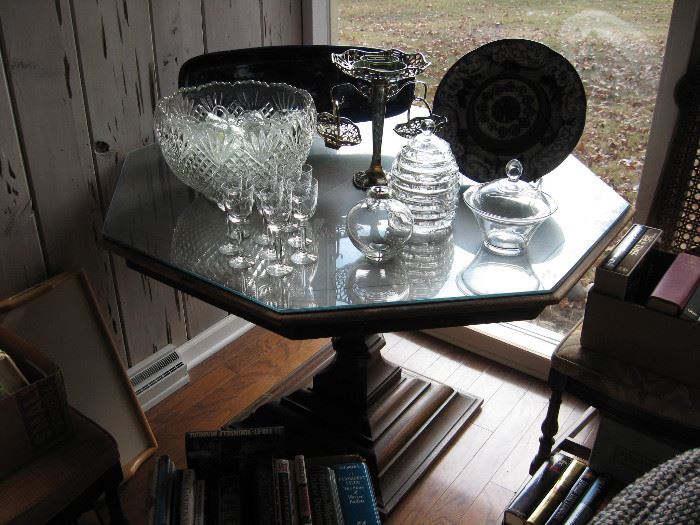 pedestal table with glass overlay , punch bowl set