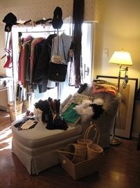 Chaise lounge , chrome hanging clothes rack, scarves, gloves, socks and more 