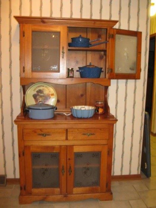 Country Cabinet/Hutch and Enamel Pans