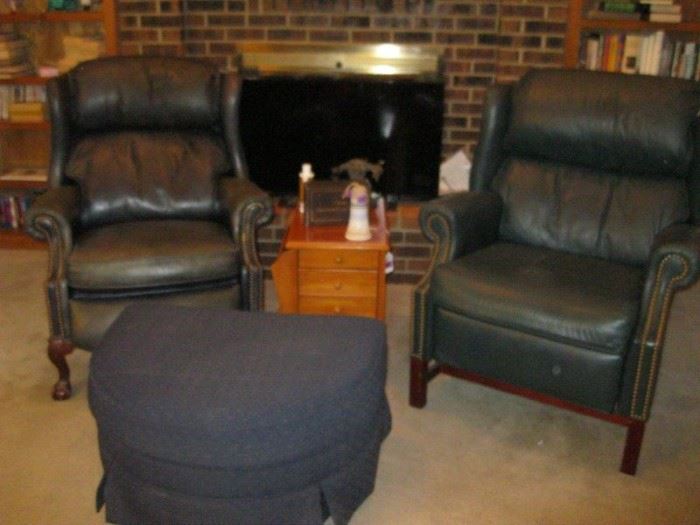 Navy Leather Chairs and Ottoman With Oak End Table/ Magazine Rack Combo
