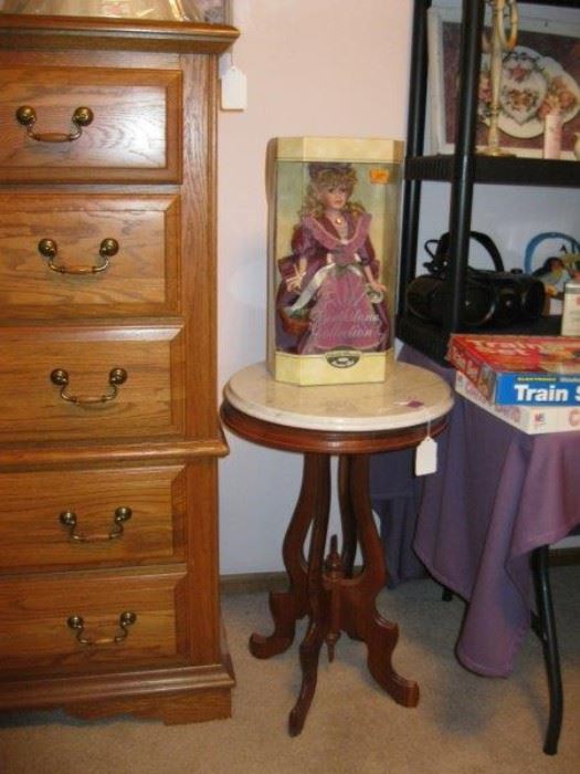 Vintage Table with Marble Top & Doll in box