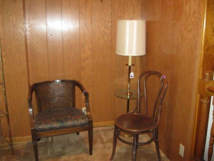 chairs and brass glass lamp