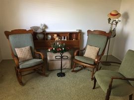 Antique Splat  Back Matching Rockers. Wrought Iron plant stand. Upholstered Ottoman; Hand Painted China, Headboard