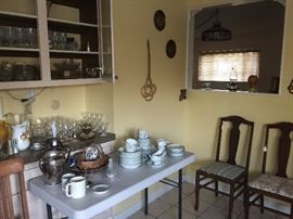 Glass, Silver and China.   2 matching chairs.