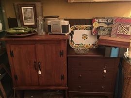 Older Cupboard and Dresser. Vintage Polaroid Camera Equipment. Vintage Lazy Susan Ceramic Appetizer Tray. 