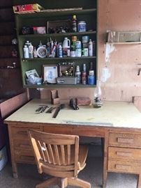 Oak Desk w/Chair. Vintage Tools, Oil Lamp, plumbing and electrical odds and ends.