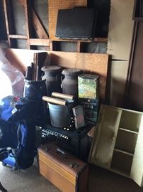 Vintage Milk Cans, Wash bucket, luggage.