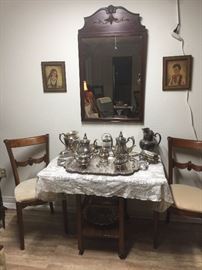 Tea Cart, Older Mirror, Silver tea Service, 2 matching chairs.