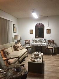 Couch, great silver pieces, older hope chest.