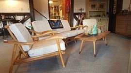 Ficks Reed Campaign style brass cap rattan sofa and two chair set