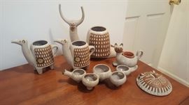 mid-century David Stewart Lions Valley Stoneware pottery including snail, lion, camels, cat, and caterpillar