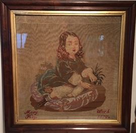 1877 American Needlepoint , "Mary Kay's Work" in Antique Frame