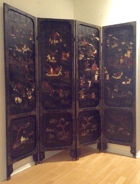 4 Panel Coromandel & Hardstone Antique Chinese Screen....Tells Story