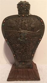 Antique Brass, Coral and Turquoise Tibetan Urn