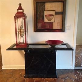 marble/glass sofa table and decor