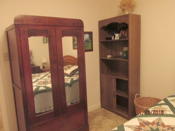 ANTIQUE WARDROBE WITH GLASS FRONT AND HAS THE ORIGINAL KEY--2 DOOR CLOTHES STORAGE, SHELVING