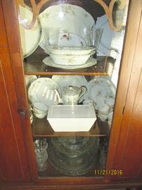LOTS OF CHINA, TEA POTS, CLEAR GLASS SOME ANTIQUE PIECES