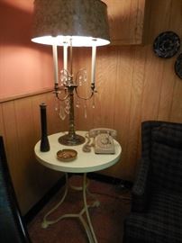Cast Metal Frame Occasional Table.Vintage 4 Candle Bouilloe Lamp,with Prisms. Rotary Phone,with Lock.