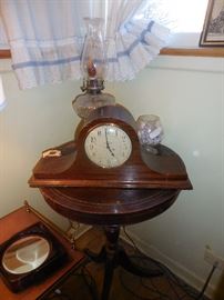Mahogany Drum Occasional Table.Needs some repair.General Electric Mantel Clock