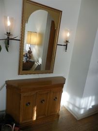 Entry Way Walnut Storage/Cabinet. Wall Mirror.Lighted Sconces