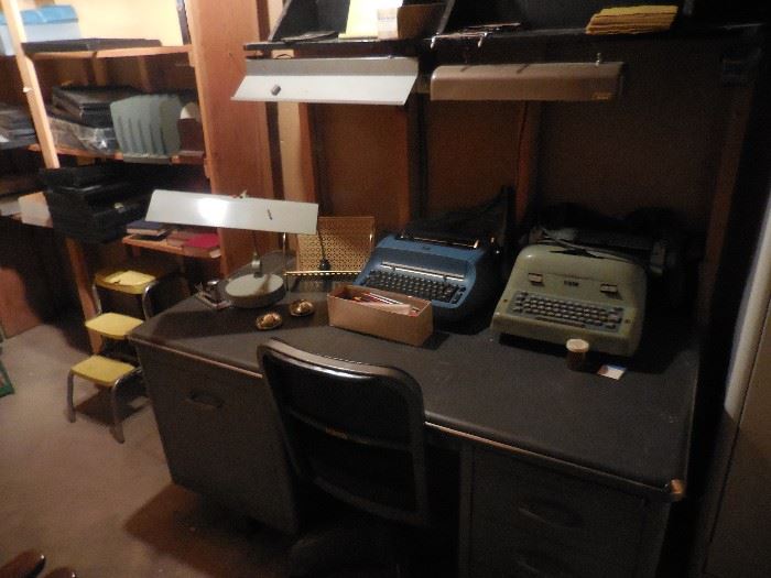 Metal Desk. Metal Lights. IBM Electric Typewriters