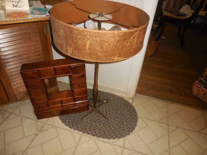 Vintage Spice Cabinet. MCM Stiffel Atomic Table Lamp.Fiberglass Shade is Torn..:(.Still pretty cool!!