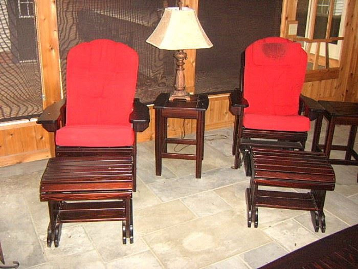 Pair Stickley style chairs, stands, & footstools.
