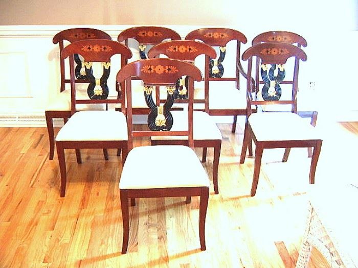 Federal/Empire style set of eight marquetry & gilt inlay dining room chairs. 