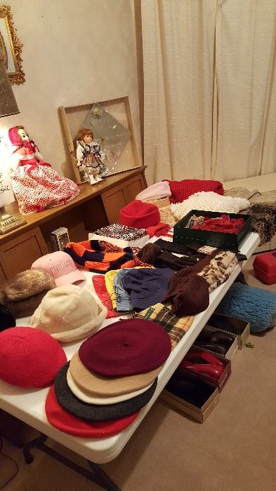 Lots of hats and scarves, including wool burets and brand new ralph lauren hat and scarf set.