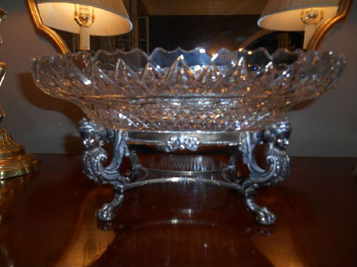 Dining Room:  A closer photo of the crystal bowl in silver stand.  Notice the lady head/bust on each corner of the stand. 