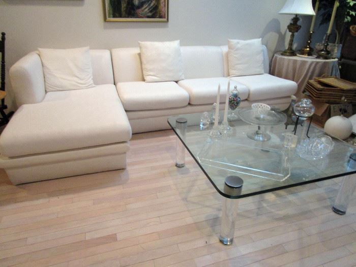 BEAUTIFUL CONTEMPORARY SOFA - CONTEMPORARY GLASS AND LUCITE COFFEE TABLE